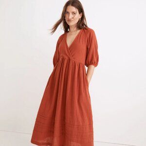 NWT Madewell Marianna Puff-Sleeve Midi Dress Orange Women's Size Medium Peasant
